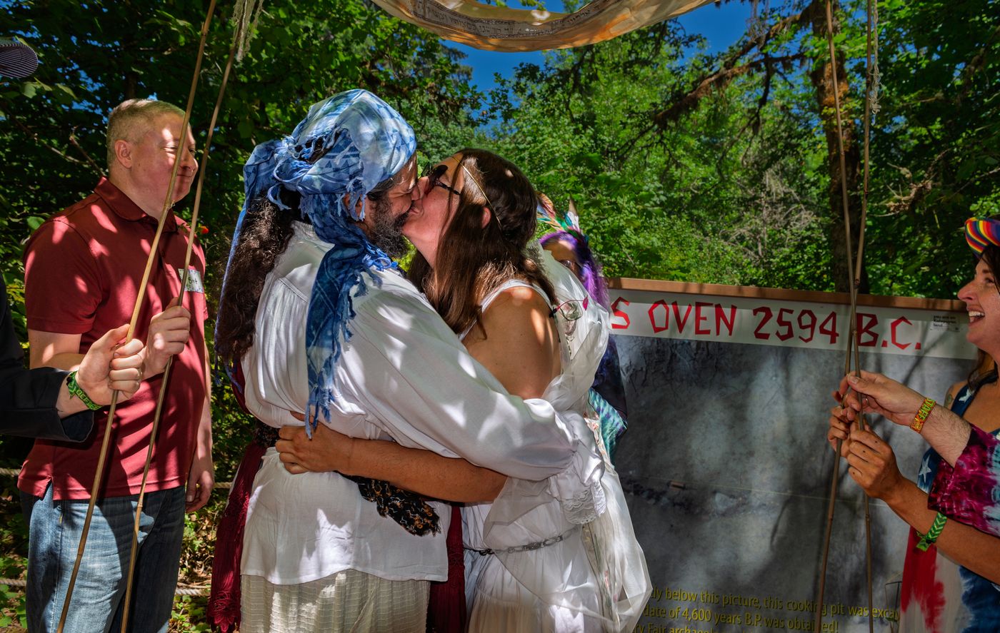 The couple embracing